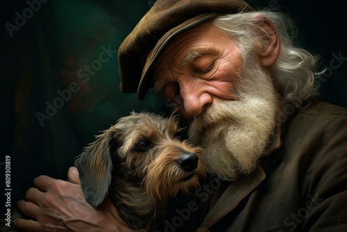 Intimate portrait of a serene old man in a hat affectionately cuddling with his loyal dog
