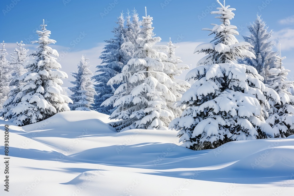 Naklejka premium Beautiful landscape with snow covered fir trees and snowdrifts.Merry Christmas and happy New Year greeting background with copy-space.Winter fairytale.