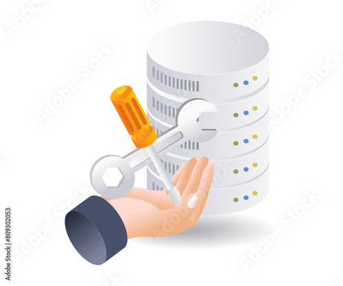 Technology server database maintenance service infographic 3d flat isometric illustration