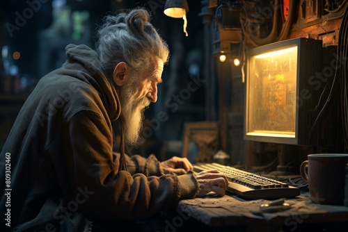 Senior man with a beard focuses on a computer screen in a moody, atmospheric workshop setting