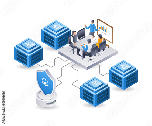 Team working on technology ai server, isometric flat 3d illustration infographic