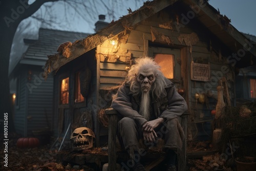Enigmatic old man with a solemn expression sits outside a dimly lit, eerie cabin surrounded by halloween decor © juliars