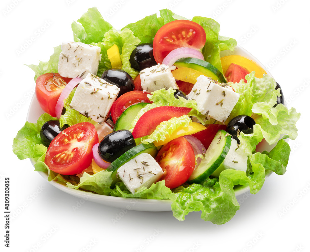 Greek salad close up on white abcground. File contains clipping path. Flat lay or top view. Greek salad close up on white abcground. File contains clipping path. Flat lay or top view.