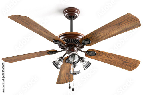 A classic wooden ceiling fan with five blades and a pull chain control isolated on a solid white background. photo