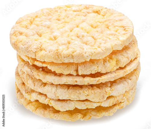 Puffed corn cakes or rice cakes isolated on white. Alternative snack for bread product.
