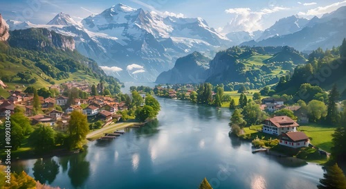Idyllic Countryside Stunning Landscape with Village, Green Fields, and Mountain River on a Sunny Day, Backdropped by Swiss Mountains	
 photo