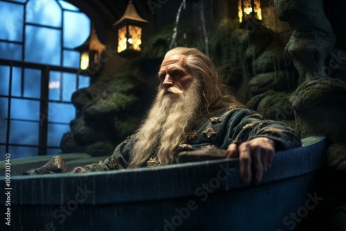 Old wizard with a long beard, resting contemplatively in his mystical lair © juliars