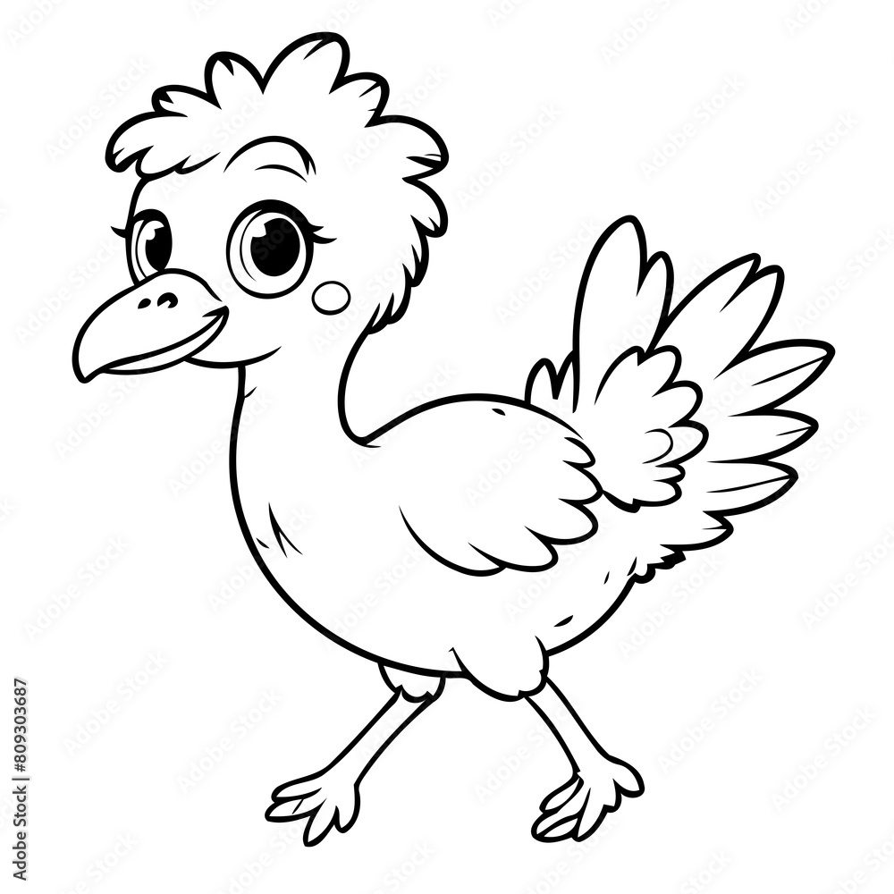 Cute vector illustration Ostrich hand drawn for kids page