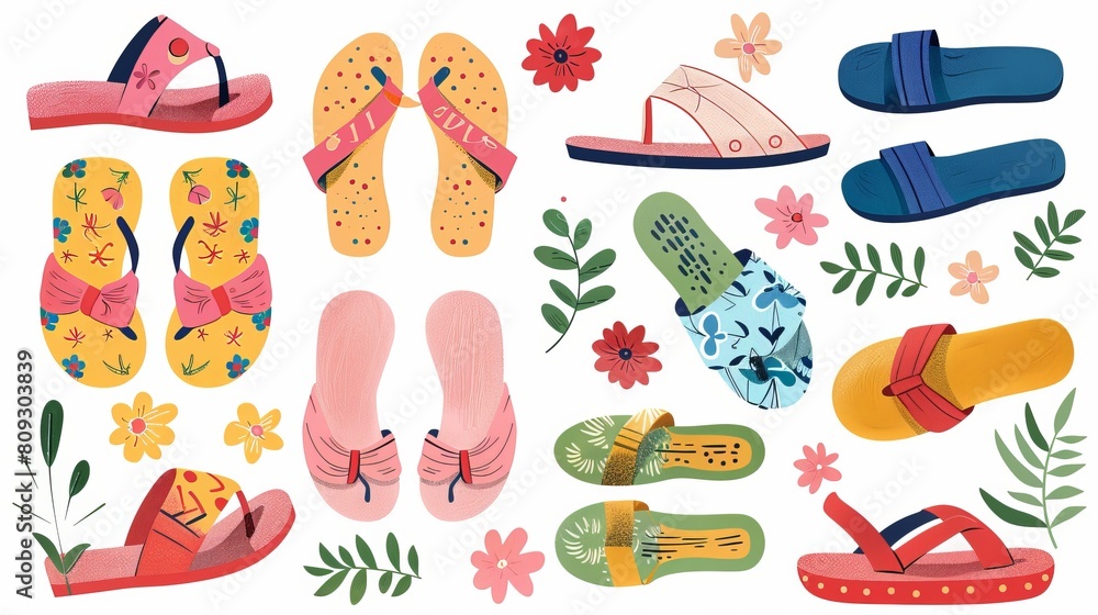 A cartoon vector illustration set featuring women's sandals in various fashionable styles, emphasizing summer and beauty themes A cartoon vector illustration set featuring women's sandals in various fashionable styles, emphasizing summer and beauty themes