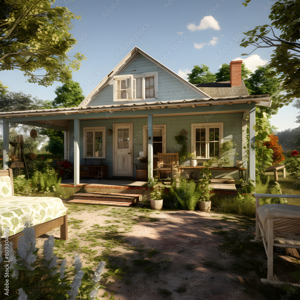 Fototapeta premium country house on a sunny day with green trees
