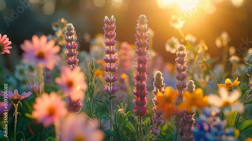 An herbalist's garden at peak bloom, photographed in editorial style, highlighting the vibrant colors and therapeutic properties of each plant for a botanical magazine photo