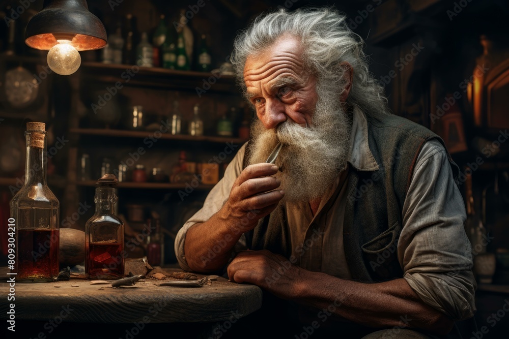Contemplative senior with a long beard savoring the aroma of whiskey in a rustic setting Contemplative senior with a long beard savoring the aroma of whiskey in a rustic setting