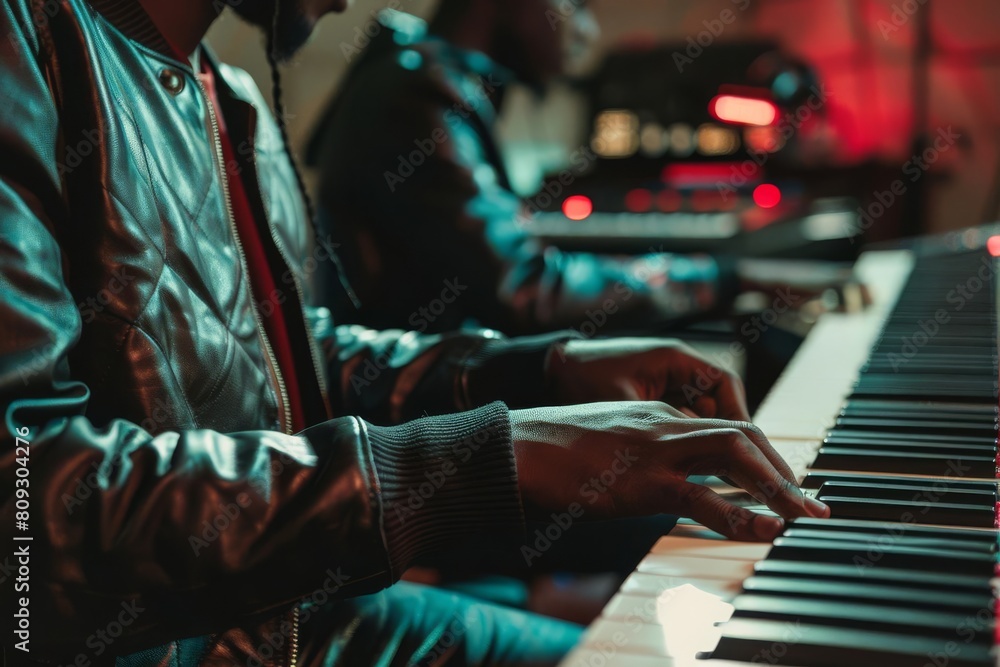 hiphop songwriters composing music with piano at recording studio creative process concept photo hiphop songwriters composing music with piano at recording studio creative process concept photo