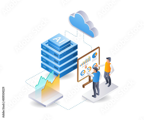 Team analyzing cloud server ai development data, isometric flat 3d illustration infographic