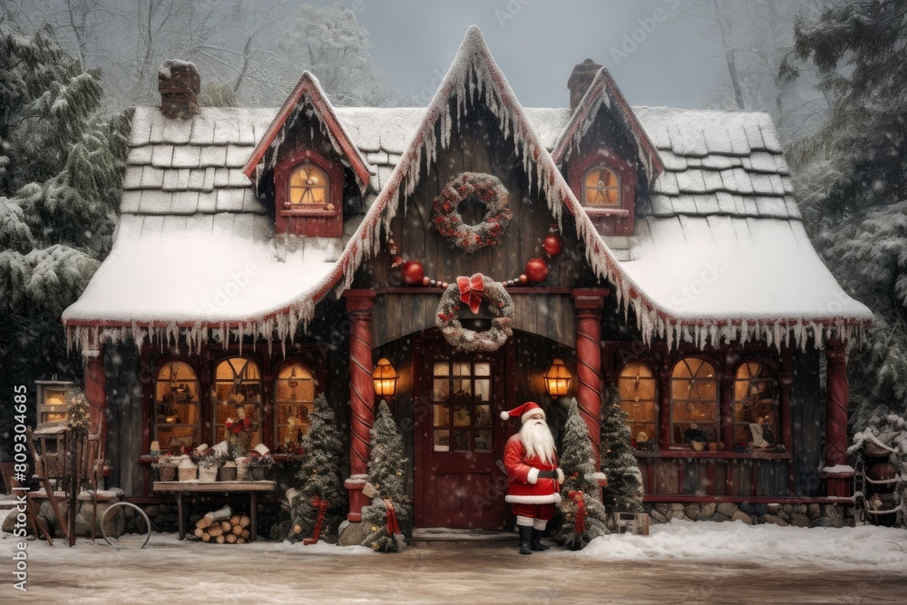 Santa claus standing in front of a charming winter cottage adorned with christmas decorations