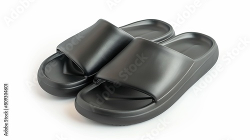 A pair of slide sandals isolated on white, depicting black rubber slippers closeup, suitable for pool or shower use, emphasizing comfort and suitability for hot weather and summer vacations photo