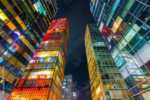 illuminated modern skyscrapers with glass facades in paris at night abstract photo