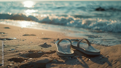 A scene of grey sandals on a sandy beach during a sunny day, depicting slippers in the sand near the sea, embodying the essence of summer at the ocean's edge
