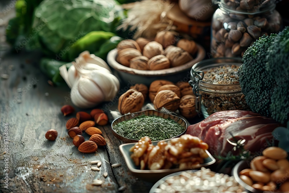 ketofriendly ingredients closeup of nuts seeds meats and vegetables food photography ketofriendly ingredients closeup of nuts seeds meats and vegetables food photography