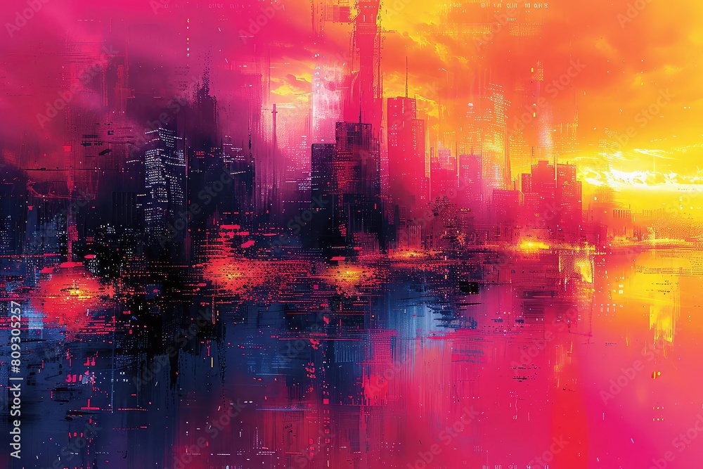 Obraz premium An abstract painting of a cityscape at sunset. The colors are vibrant and the brushstrokes are thick and expressive.