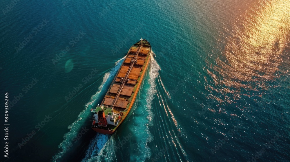 A large bulk carrier transports grain at sea aerial view