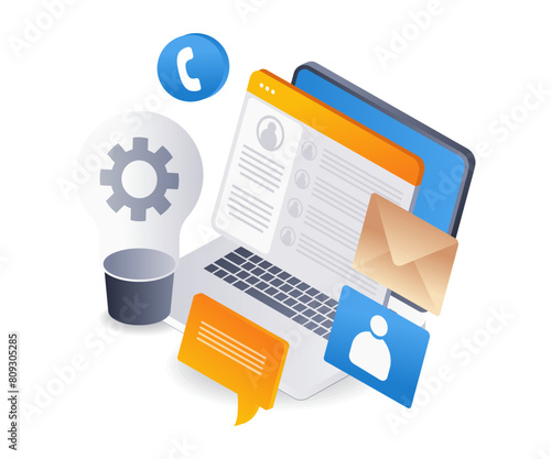 Social media ideas online communication infographics flat isometric 3d illustration