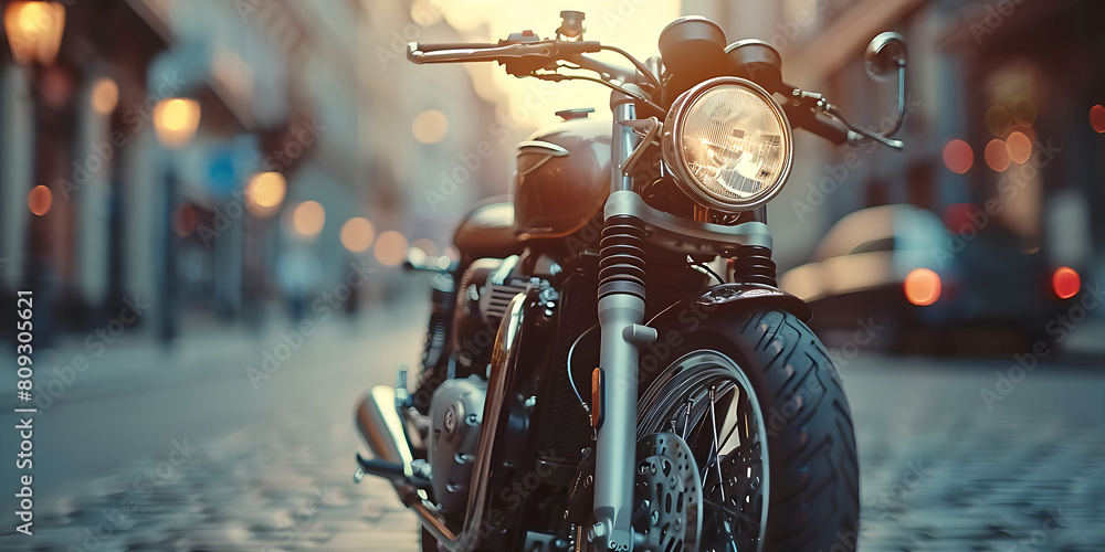 Fototapeta premium Closeup motorcycle city background