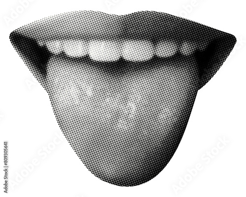 mouth with tongue sticking out isolated retro halftone grunge dotted texture cutout vintage collage element for mixed media design