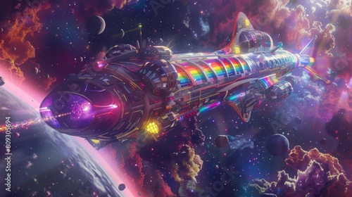 Futuristic spaceship traveling through a vibrant cosmic landscape with rainbow, LGBT+