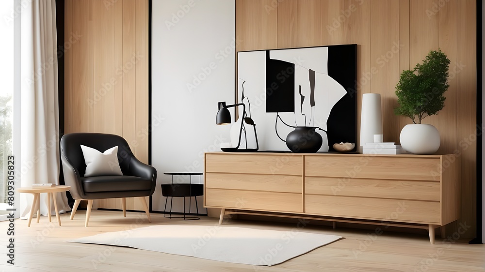 Modern living room interior with oak paneling on a white wall above a ...