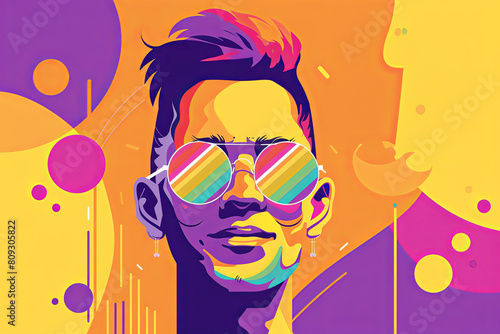Vibrant Pop Art Portrait of a Young Man Wearing Reflective Sunglasses photo