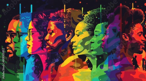 Vibrant illustration of diverse faces in rainbow colors symbolizing LGBT pride and unity