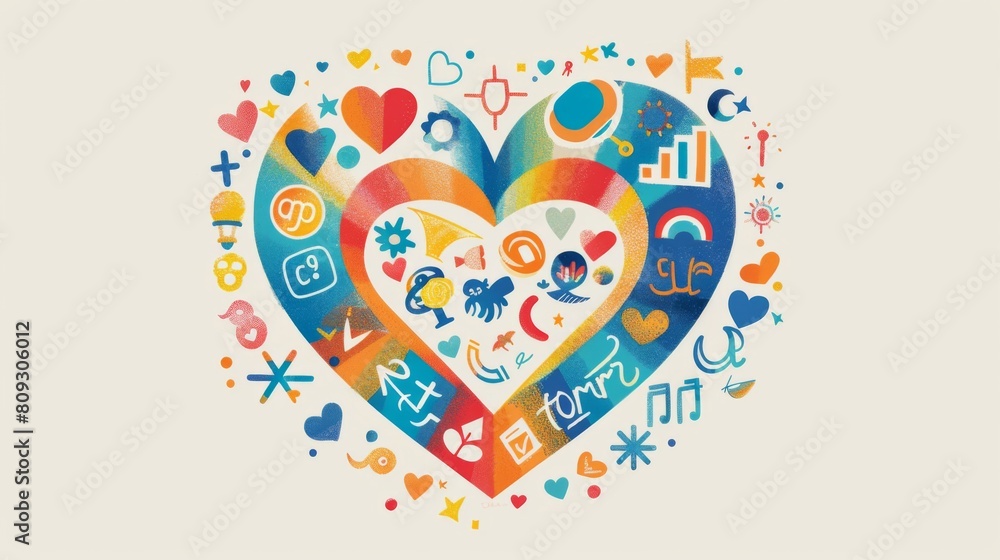 Colorful heart-shaped design with diverse symbols representing love, unity, and LGBTQ+ community Colorful heart-shaped design with diverse symbols representing love, unity, and LGBTQ+ community