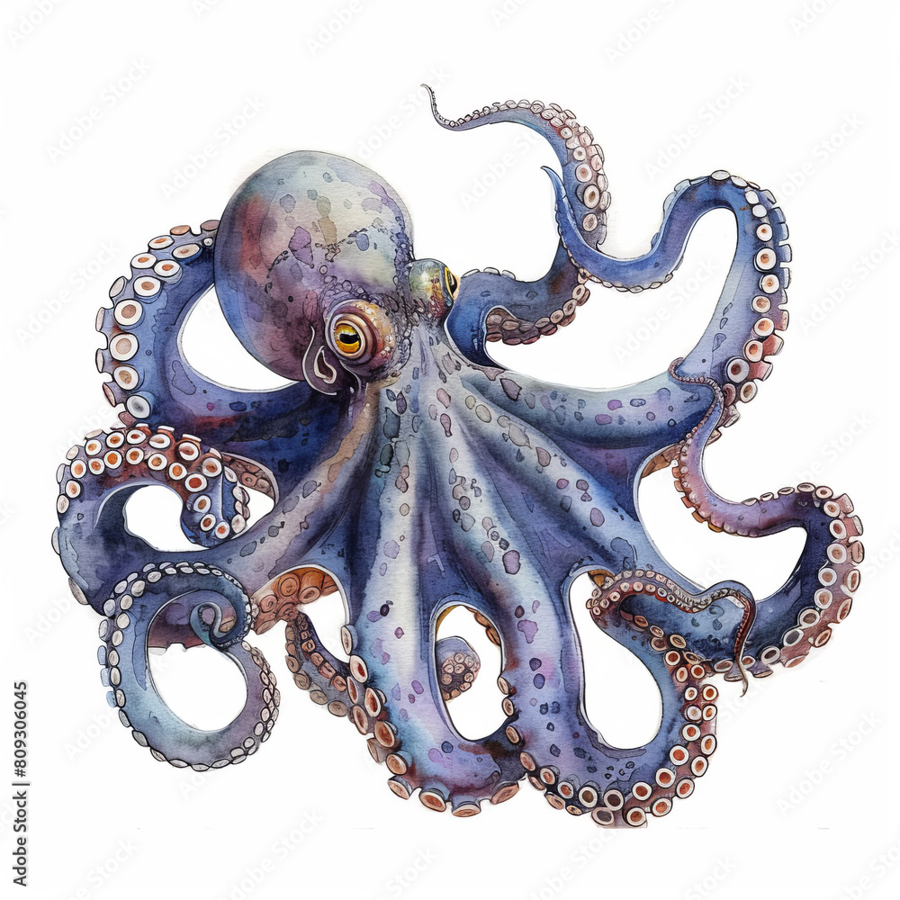 Detailed watercolor illustration of a blue and purple octopus, artistically rendered with vivid hues and dynamic tentacles. Detailed watercolor illustration of a blue and purple octopus, artistically rendered with vivid hues and dynamic tentacles.