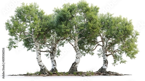 Photorealistic digital painting of four silver birch trees with white bark and light green leaves  set against a white background