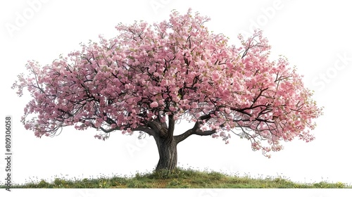 Photo of a cherry blossom tree in full bloom against a white background. The tree is covered in delicate pink blossoms.