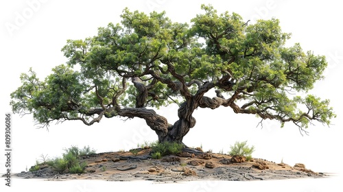 A large, old tree with a thick trunk and gnarled branches. The tree is in full bloom, with green leaves and pink flowers. The tree is set against a white background.