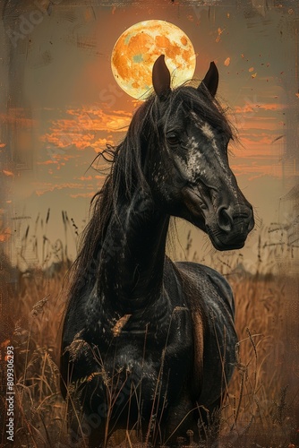 An illustration of a black horse at night with the moon.