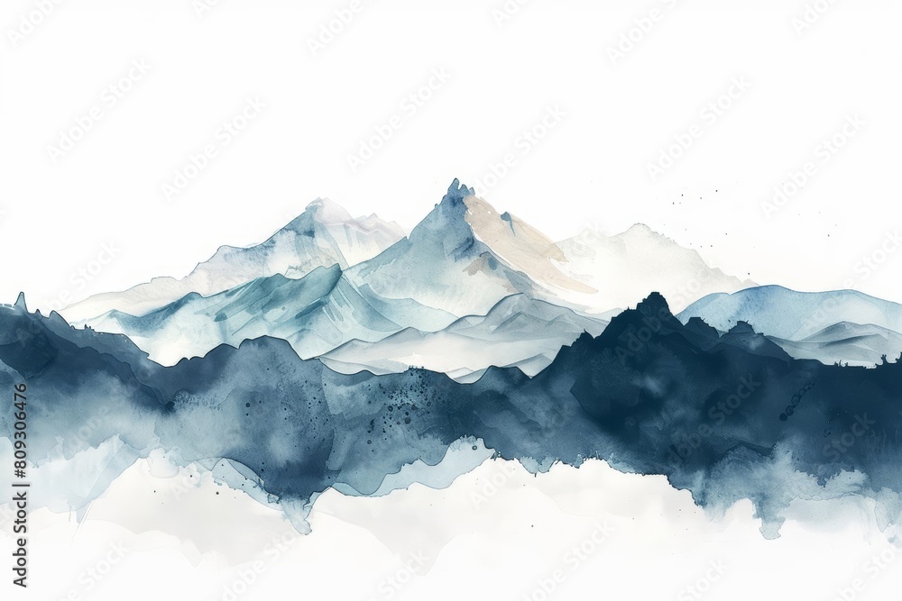 A fantastic watercolor of a majestic mountain range, evoking awe and wonder, isolated with a white background