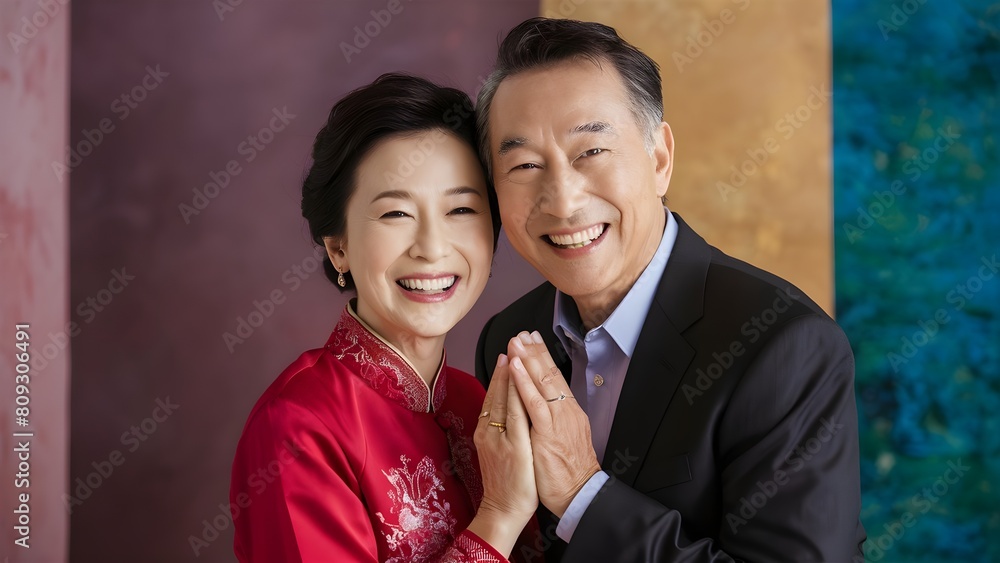 Happy, joyful, and smiling asian mature senior couple posing and embracing together in a loving manner. Happy, joyful, and smiling asian mature senior couple posing and embracing together in a loving manner.