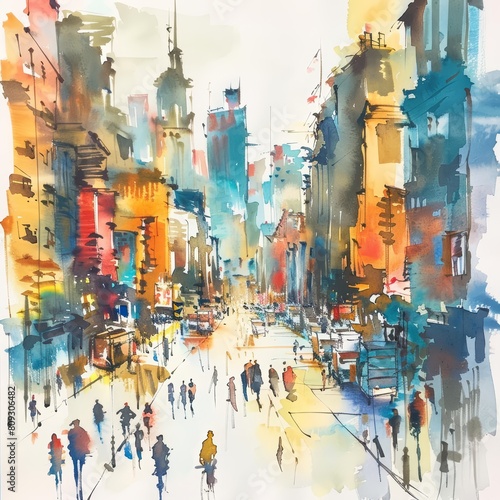 A fantastic watercolor of a bustling cityscape  vividly depicting the dynamic urban life  isolated with a white background