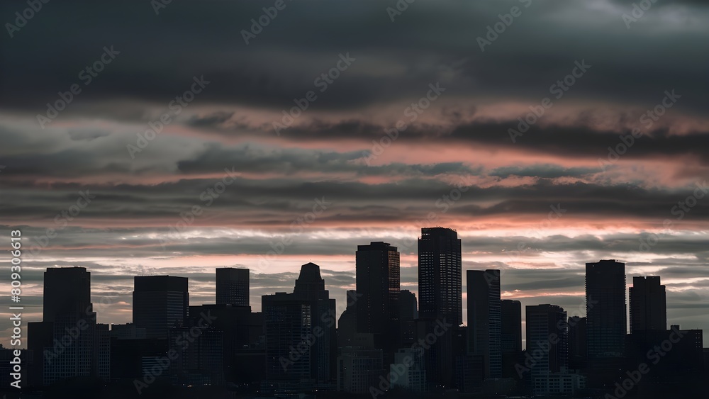cityscape at sunset on a cloudy day. Tall skyscrapers silhouetted against a layer of thick, gray clouds, urban landscape at sunset on a cloudy day
