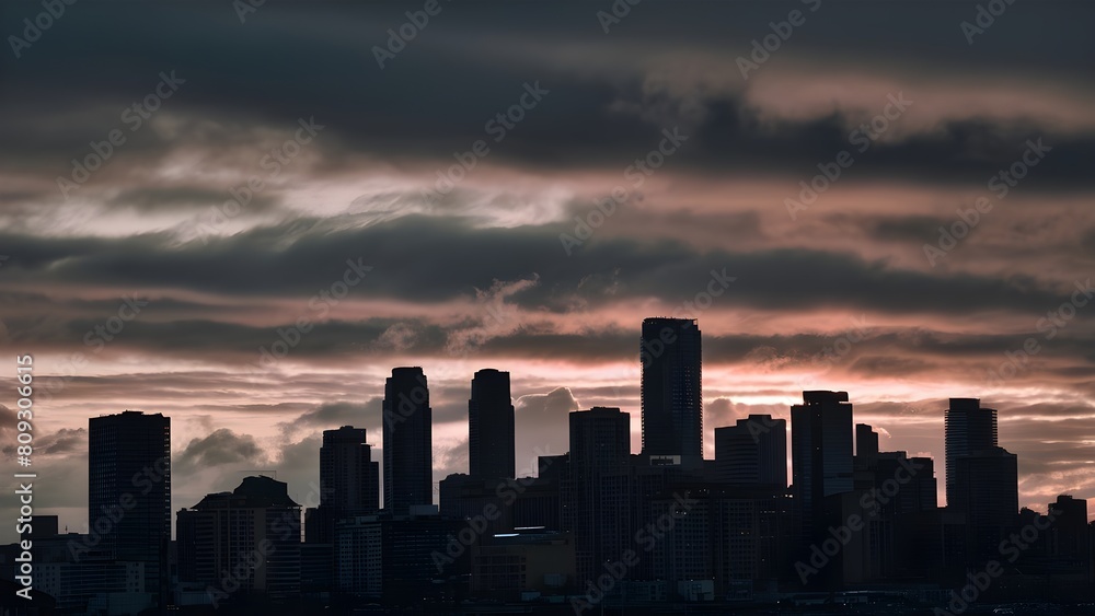 cityscape at sunset on a cloudy day. Tall skyscrapers silhouetted against a layer of thick, gray clouds, urban landscape at sunset on a cloudy day