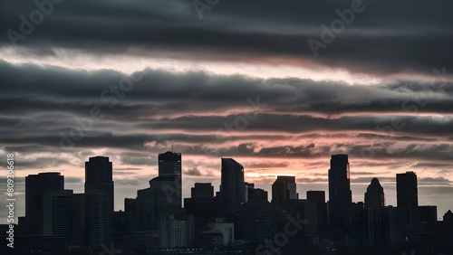 cityscape at sunset on a cloudy day. Tall skyscrapers silhouetted against a layer of thick  gray clouds  urban landscape at sunset on a cloudy day