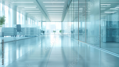 Wallpaper Mural Hallway, empty office and interior with modern furniture for workstation, clean floor or workplace. Structure, company and corridor with potted plant for contemporary building, corporate or law firm Torontodigital.ca