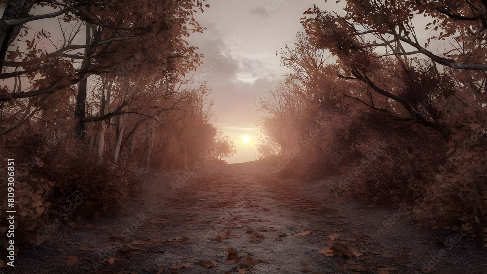 A serene forest path during sunset on a cloudy day. The sun's warm, golden light filters through the vibrant leaves of the trees, adorned with a colorful carpet of fallen leaves A serene forest path during sunset on a cloudy day. The sun's warm, golden light filters through the vibrant leaves of the trees, adorned with a colorful carpet of fallen leaves