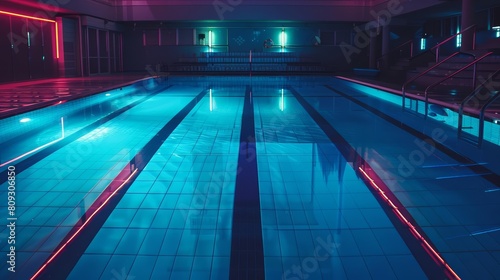 A serene, empty swimming pool at an outdoor arena, designed with glowing lines and cyberpunk aesthetics, creating a peaceful yet avantgarde setting, with copy space