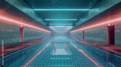 A serene  empty swimming pool at an outdoor arena  designed with glowing lines and cyberpunk aesthetics  creating a peaceful yet avantgarde setting  with copy space