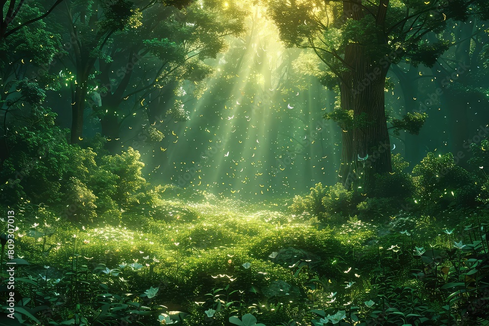 Create a realistic 3D rendering of a lush sunlit forest clearing. Include a variety of plants and trees, and make the lighting and shadows look realistic.