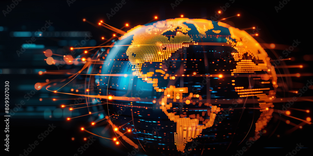 Digital world globe out of control, extreme speed of global network and excessive connectivity on Earth, super fast data transfer in a mad rush and crazy business transactions